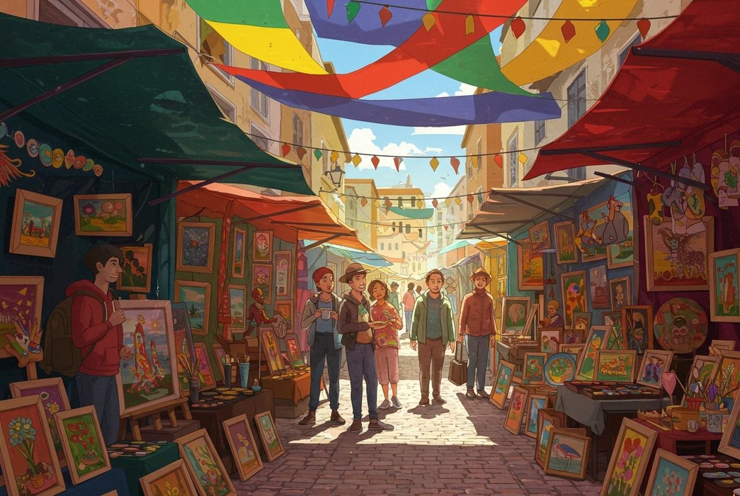 A colorful outdoor art market with framed paintings, festive banners, and visitors browsing