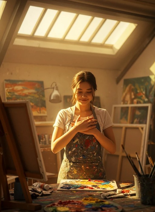 A smiling artist in a paint-splattered apron in a golden sunlit studio