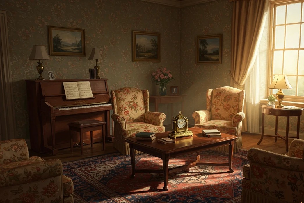 A warm traditional parlor with piano, floral wallpaper, and sunlight streaming through the windows