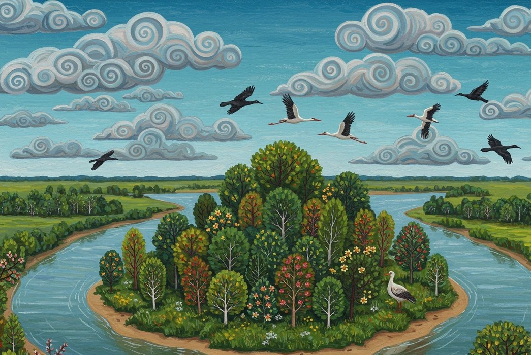 A vibrant aerial folk art painting of a lush tree-covered island in a winding river