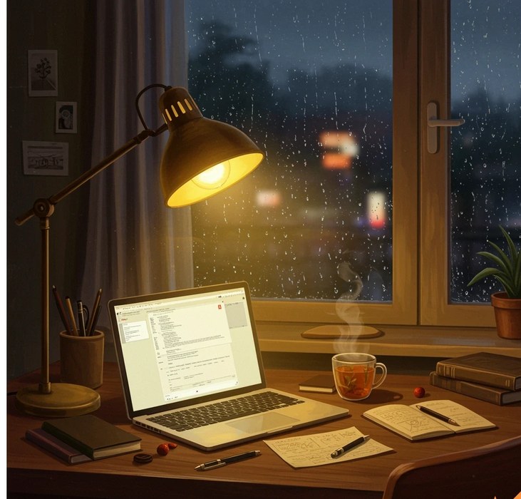A warm cozy workspace with laptop, sketchbook, glowing lamp, and steaming tea on a rainy evening