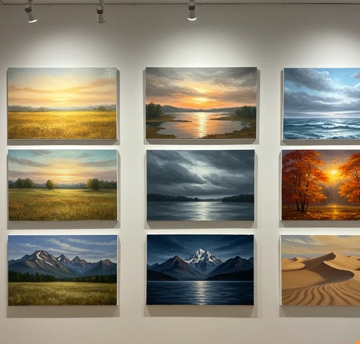 Nine landscape paintings displayed on a gallery wall under warm spotlights