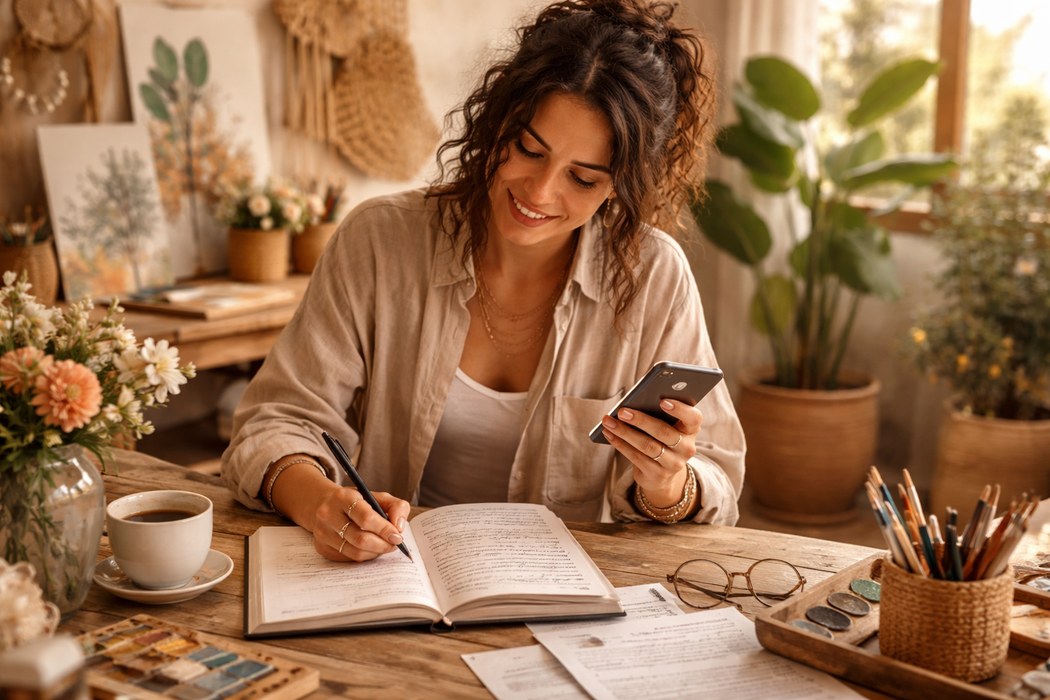 An artist reading messages on a phone in a sunlit bohemian studio