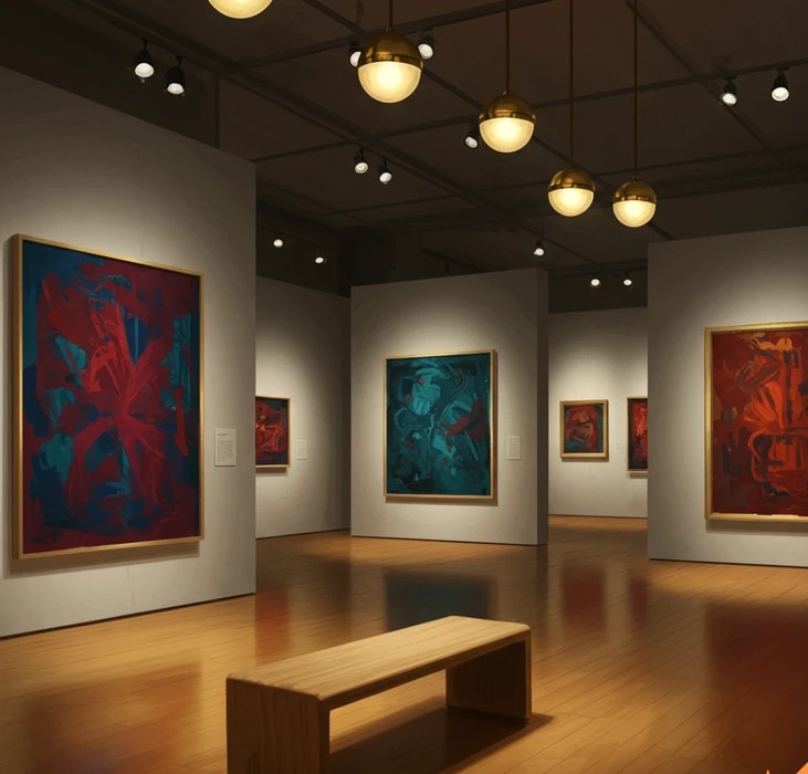 An empty art gallery with abstract paintings on white walls, a wooden bench, and warm hanging lights