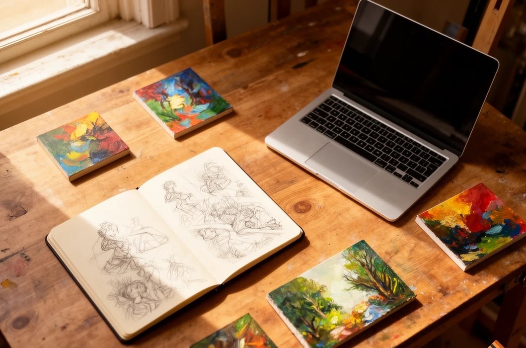 An artist's cozy desk with sketchbook, laptop, and small paintings in warm light