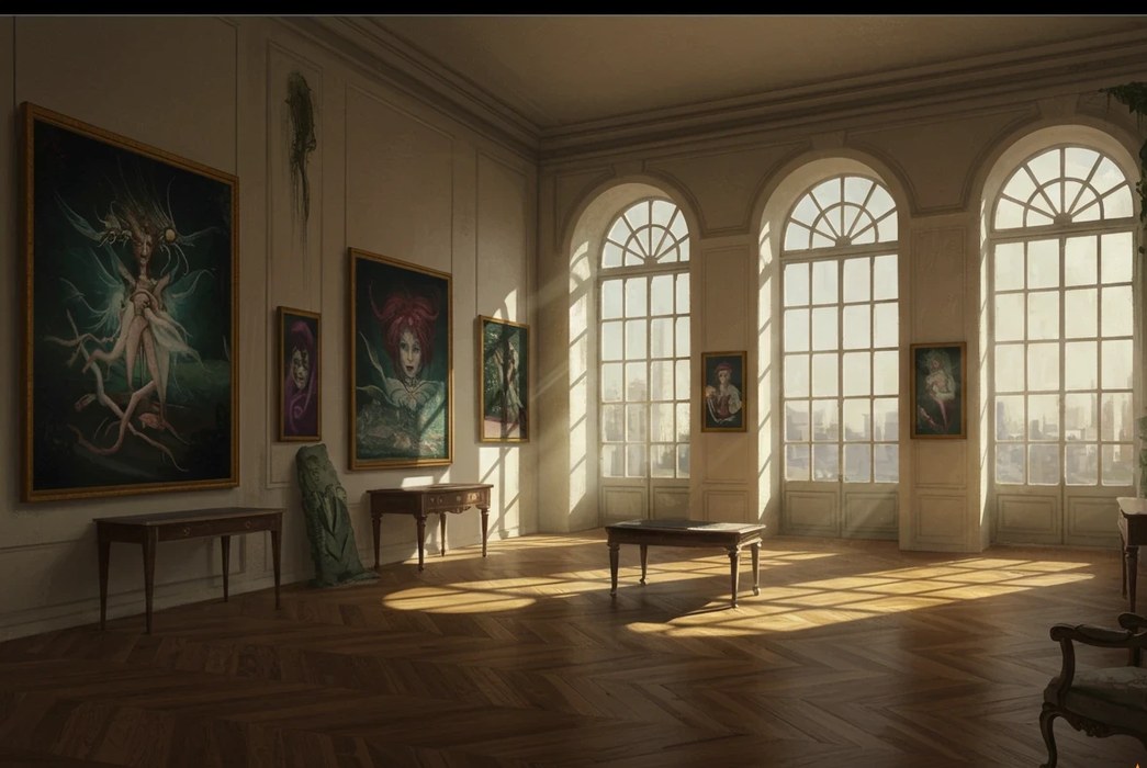 A grand art gallery room with herringbone floors, arched windows, and paintings on the walls
