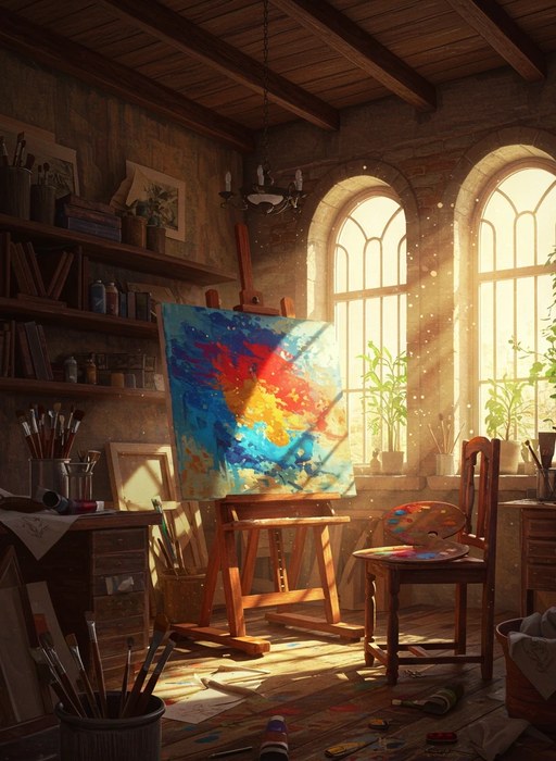 A sunlit artist's studio with a canvas on an easel, brushes, and paint in warm afternoon light
