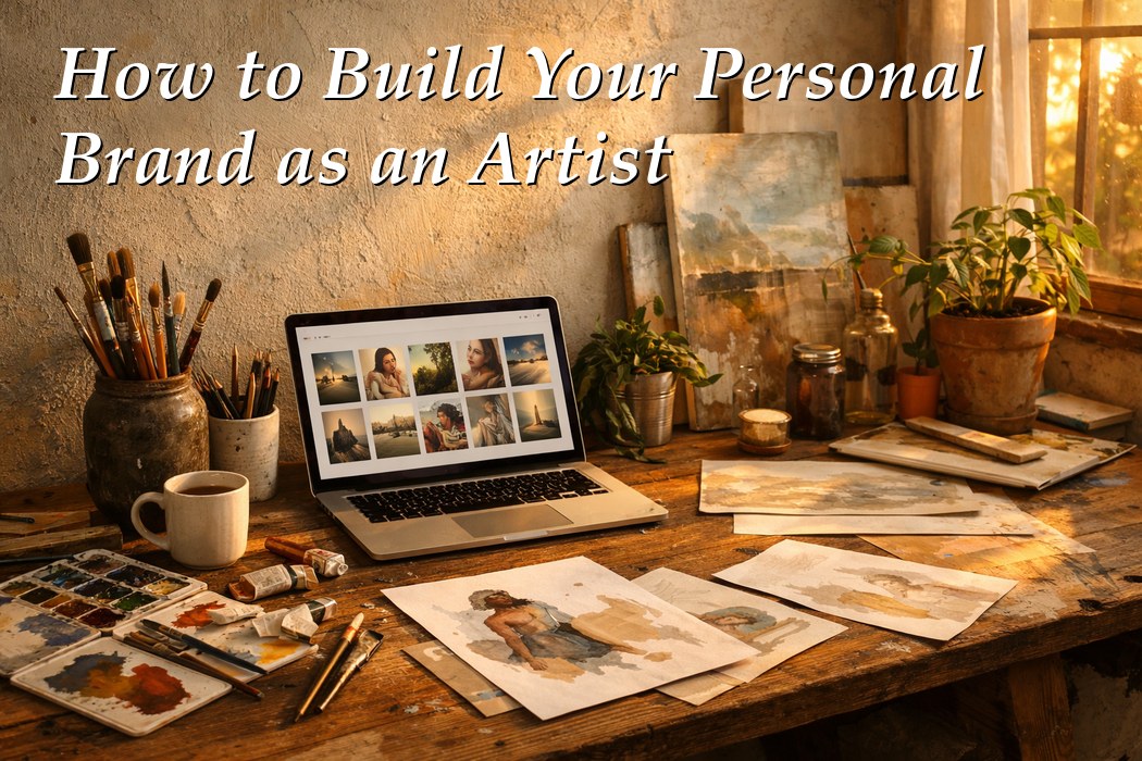 An artist posing for a portrait in a sunlit, plant-filled studio
