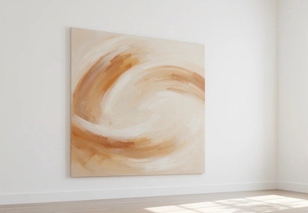 A warm gallery wall with a single abstract painting in natural window light