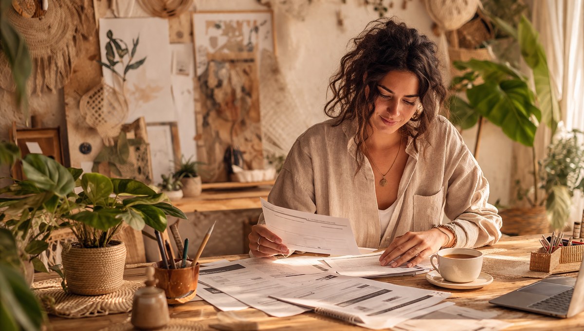 A warm artist workspace with laptop and coffee by a sunny window