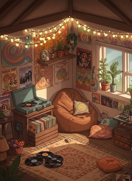 A cozy vintage attic room with string lights, tapestries, record player, plants, and a beanbag