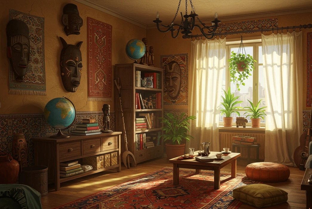 A richly decorated bohemian room with masks, tapestries, rugs, and plants