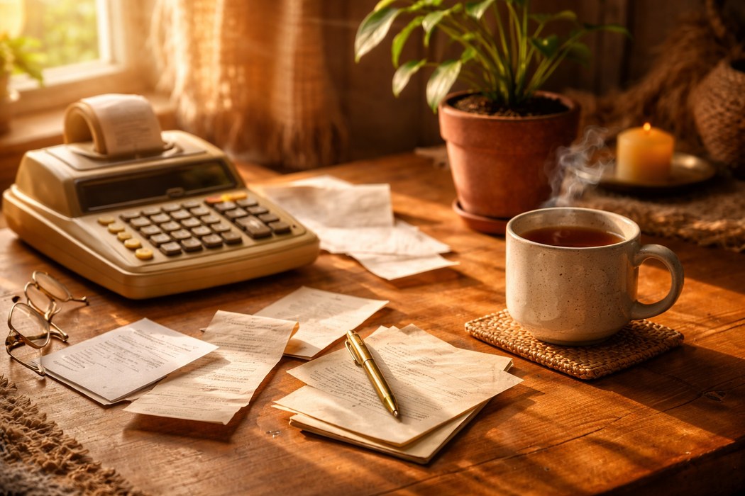 A warm wooden desk with a calculator, receipts, and a cup of tea